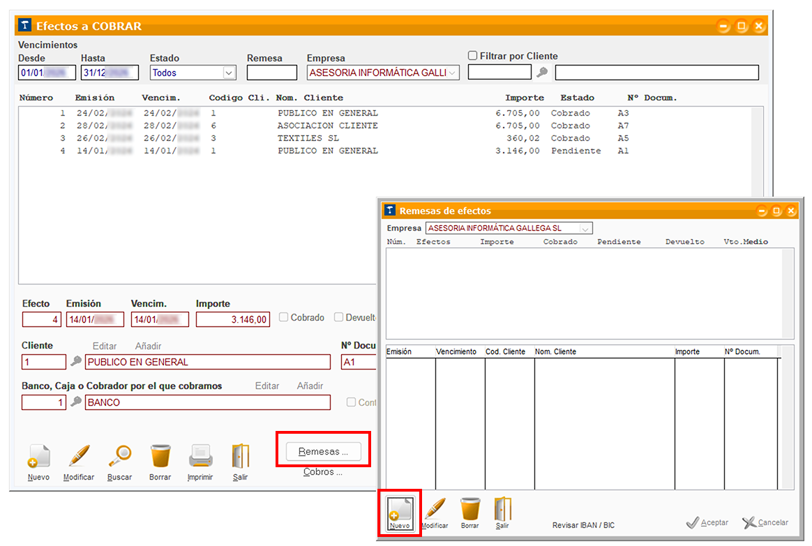 Ventana Efectos a COBRAR y ventana Remesas de efectos en ClassicGes 6.