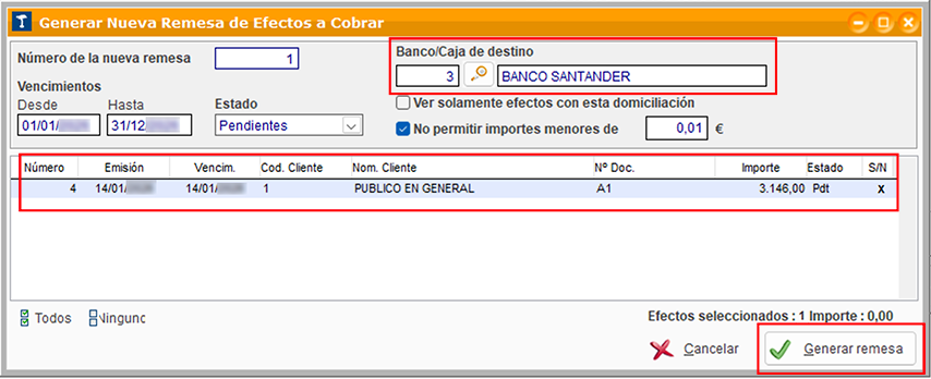 Ventana Generar Nueva Remesa de Efectos a Cobrar en ClassicGes 6.
