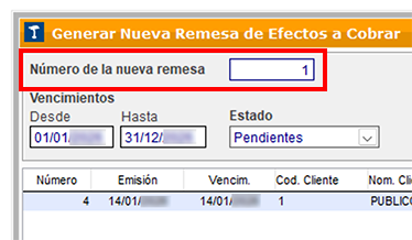 Fragmento de ventana Generar Nueva Remesa de Efectos a Cobrar: Número de la nueva remesa en ClassicGes 6.