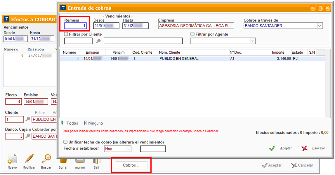 Ventana Efectos a COBRAR y ventana Entrada de cobros en ClassicGes 6.