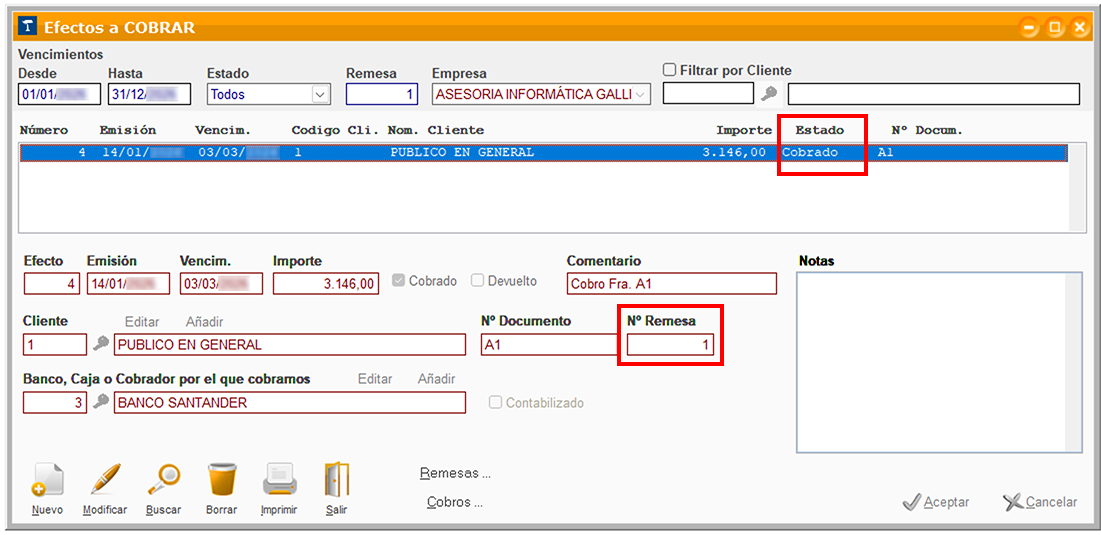 Ventana Efectos a COBRAR: Estado y Nº Remesa en ClassicGes 6.