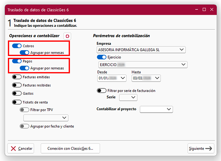 Ventana Traslado de datos de ClassicGes 6: conmutadores de Cobros y Pagos en ClassicConta.