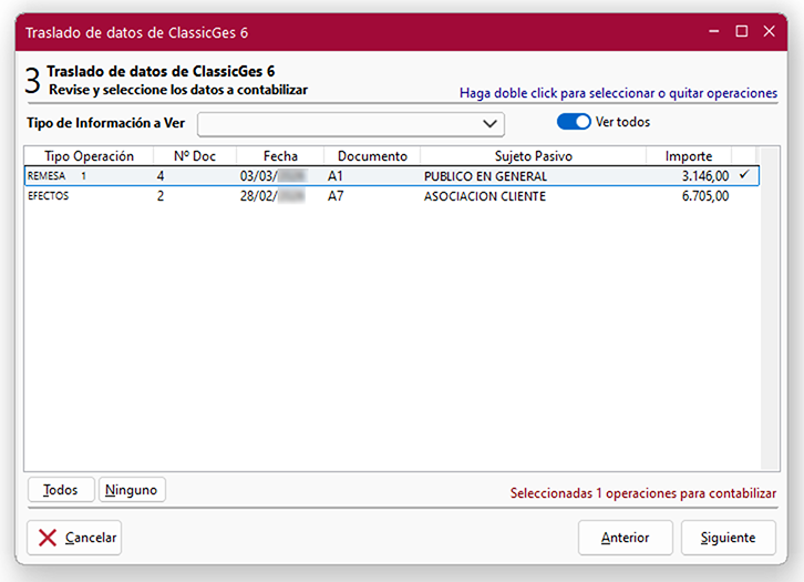 Ventana Traslado de datos de ClassicGes 6, pantalla 3 en ClassicConta.