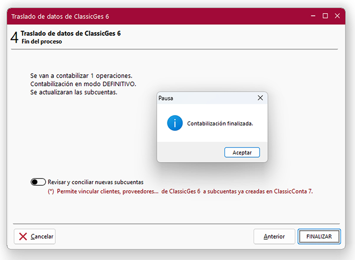 Ventana Traslado de datos de ClassicGes 6, pantalla 4 en ClassicConta.