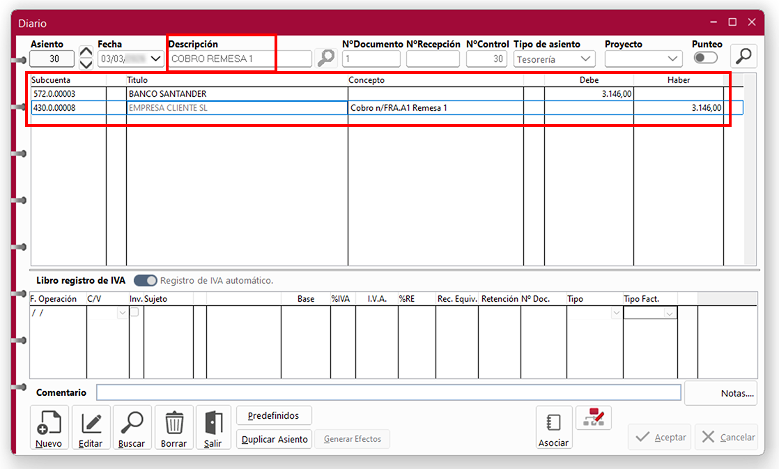 Ventana Diario: Descripción en ClassicConta.