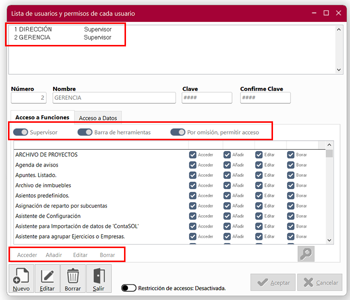 Ventana Lista de usuarios y permisos de cada usuario en ClassicConta 7.