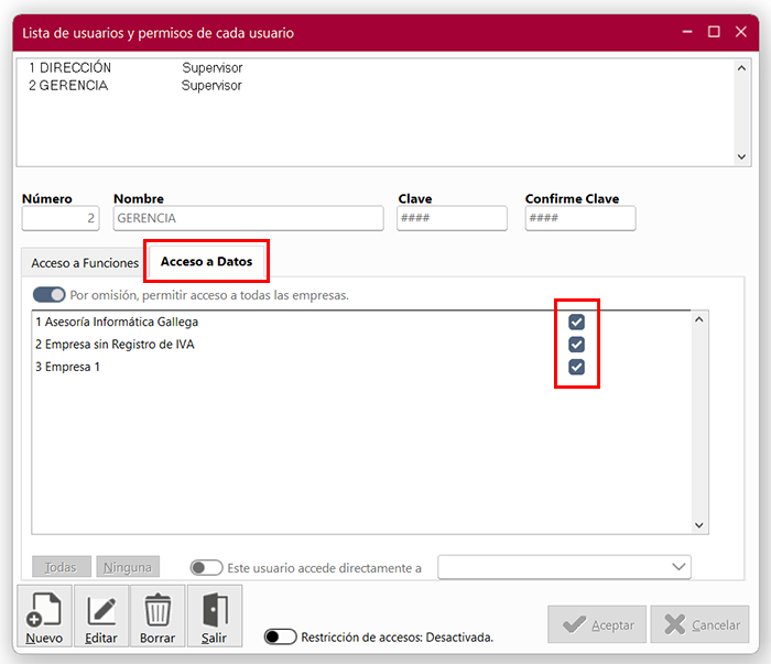 Ventana Lista de usuarios y permisos de cada usuario en ClassicConta 7.