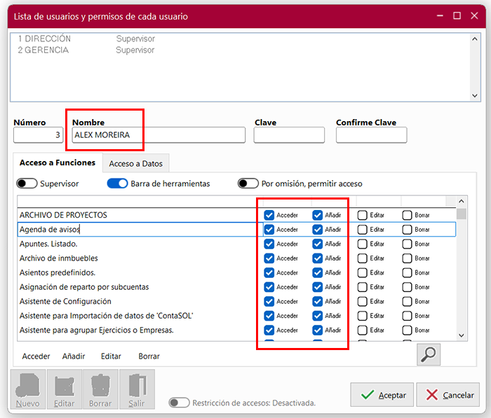 Ventana Lista de usuarios y permisos de cada usuario en ClassicConta 7.
