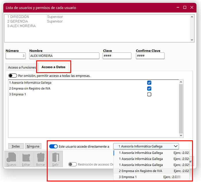 Ventana Lista de usuarios y permisos de cada usuario en ClassicConta 7.
