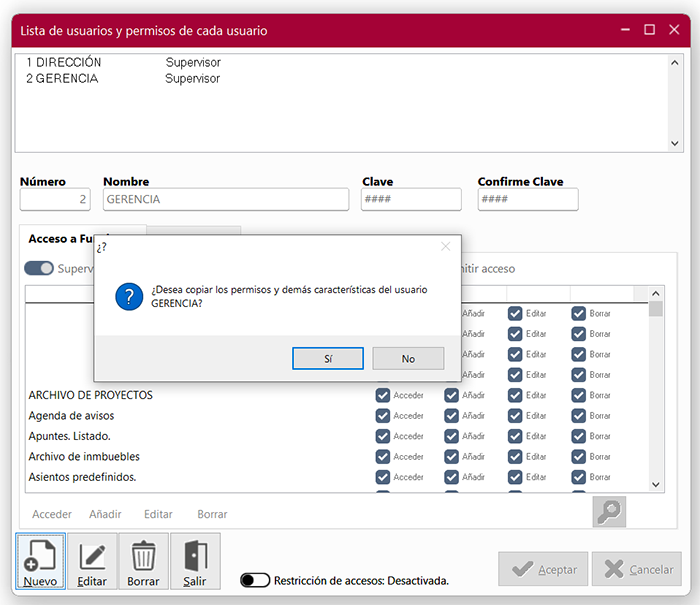 Ventana Lista de usuarios y permisos de cada usuario en ClassicConta 7.