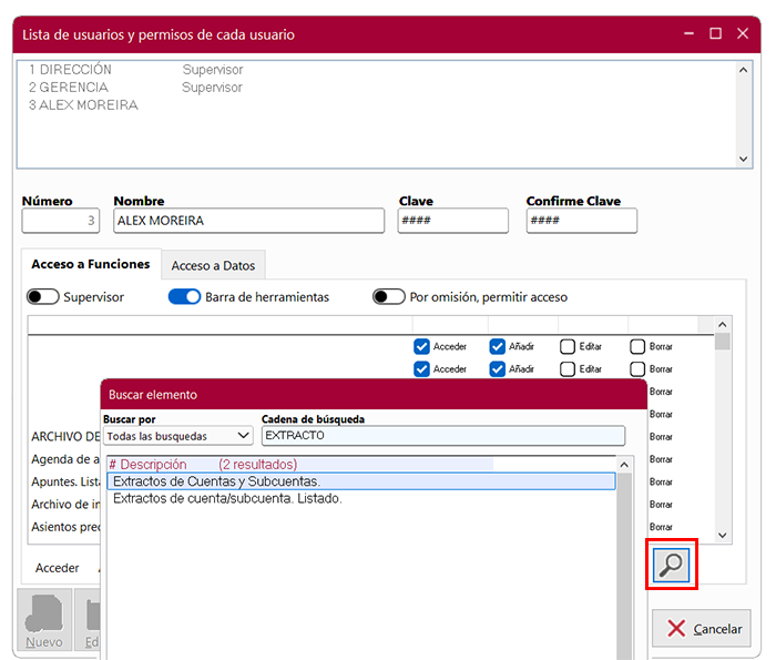 Ventana Lista de usuarios y permisos de cada usuario y ventana Buscar elemento en ClassicConta 7.