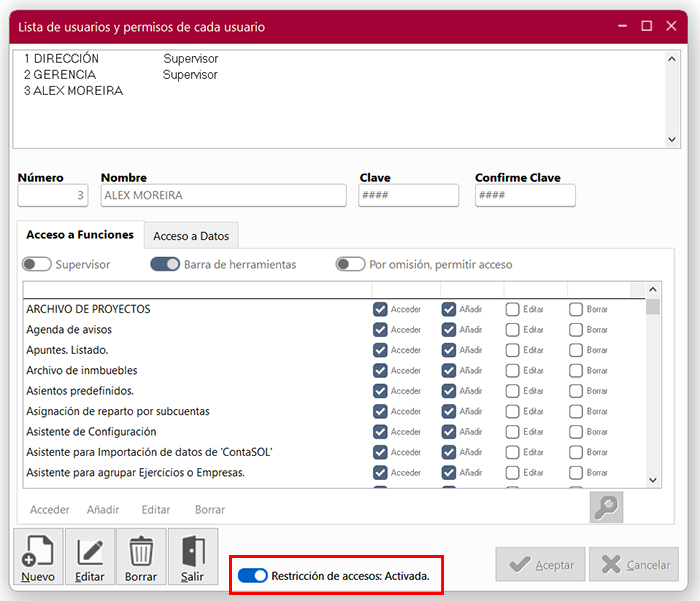 Ventana Lista de usuarios y permisos de cada usuario en ClassicConta 7.