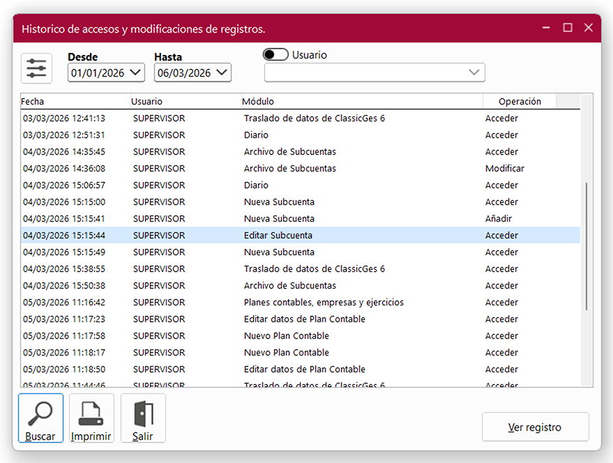 Ventana Histórico de accesos y modificaciones de resgistros en ClassicConta 7.