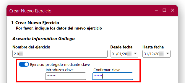 Ventana Crear Nuevo Ejercicio en ClassicConta 7.