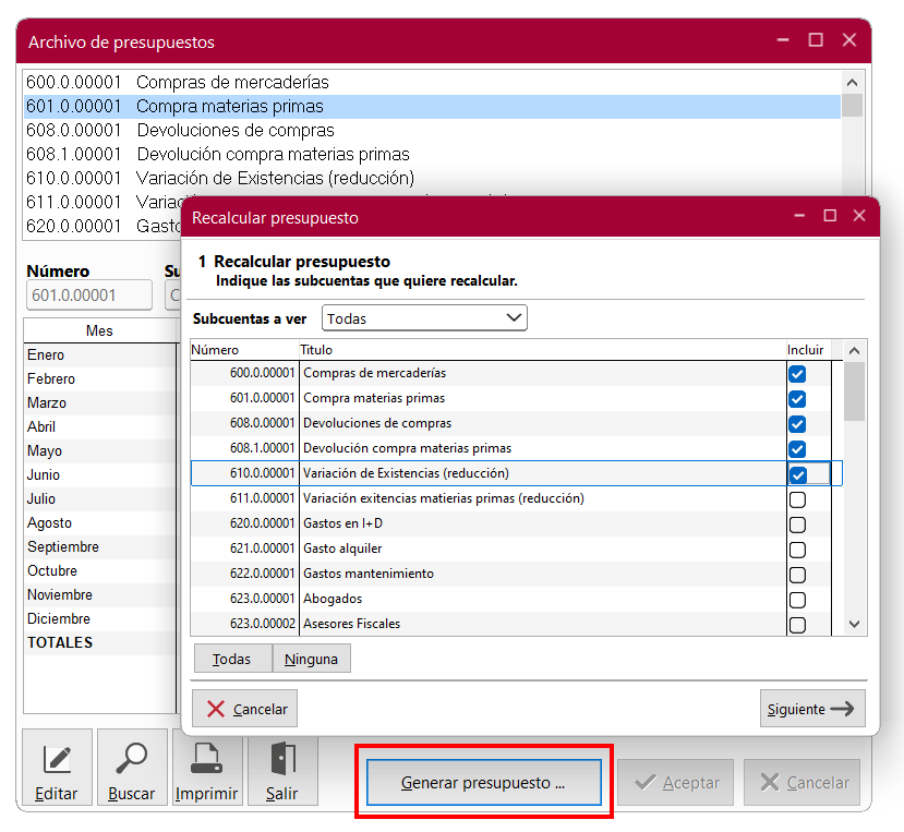 Ventana Archivo de presupuestos y ventana Recalcular presupuesto en ClassicConta 7.