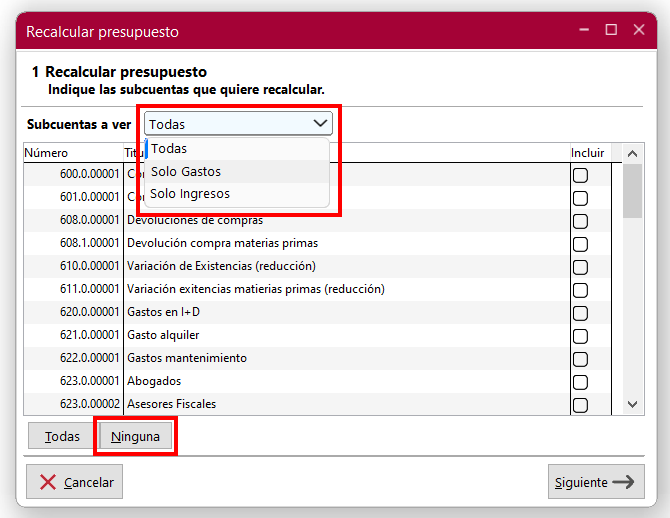Ventana Recalcular presupuesto en ClassicConta 7.