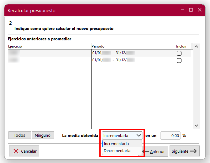 Ventana Recalcular presupuesto en ClassicConta 7.