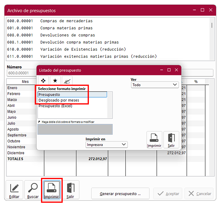 Ventana Archivo de presupuestos en ClassicConta 7.