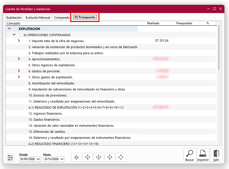 Ventana Cuenta de Pérdidas y Ganancias en ClassicConta 7.