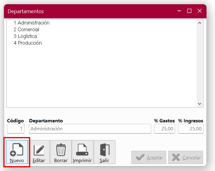 Ventana Departamentos en ClassicConta 7.