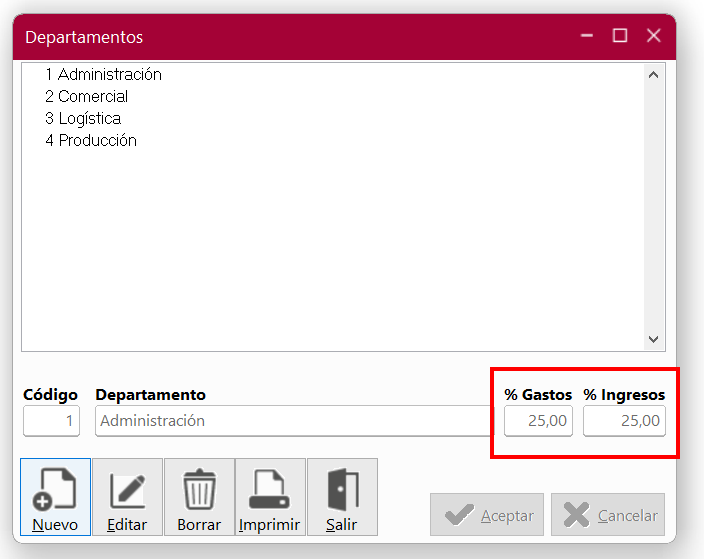 Ventana Departamentos en ClassicConta 7.
