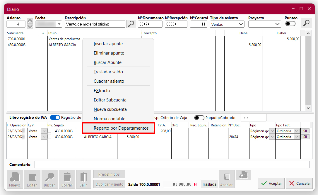 Ventana Diario en ClassicConta 7.