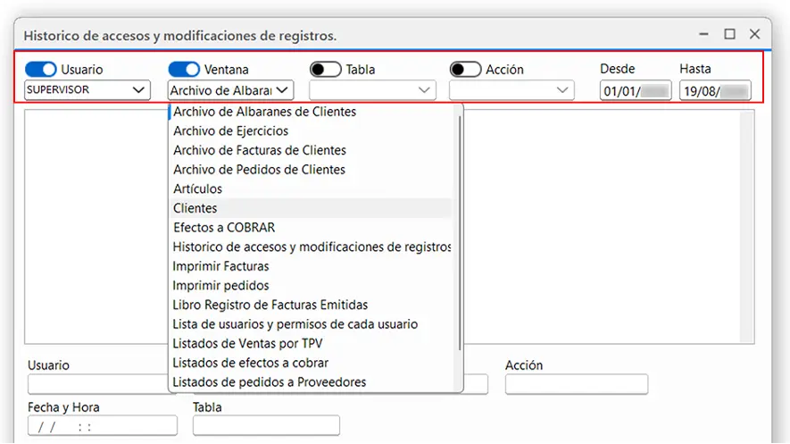 Ventana Histórico de accesos y modificaciones de registros en ClassicGes 7.
