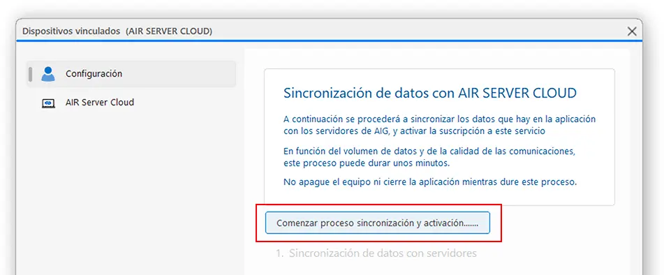 Fragmento de la ventana Dispositivos vinculados (AIR SERVER CLOUD), botón Comenzar proceso sincronización y activación... de ClassicGes 7.