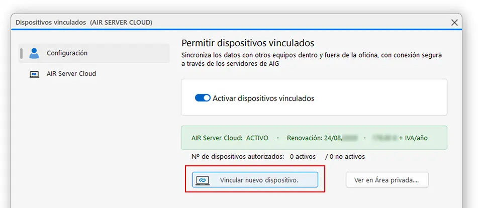 Ventana Dispositivos vinculados (AIR SERVER CLOUD) de ClassicGes 7.