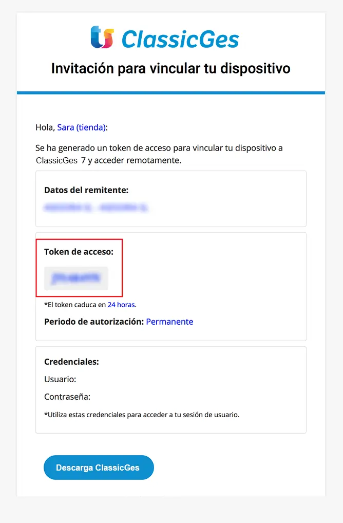 E-mail Invitación para vincular tu dispositivo de ClassicGes.