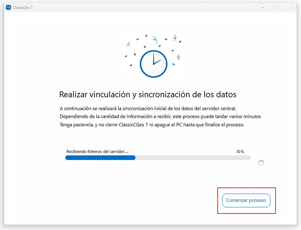 Ventana Realizar vinculación y sincronización de los datos de ClassicGes.