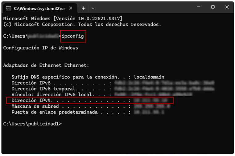 Consola de Windows con Configuración de IP, DirecciónIPv4.