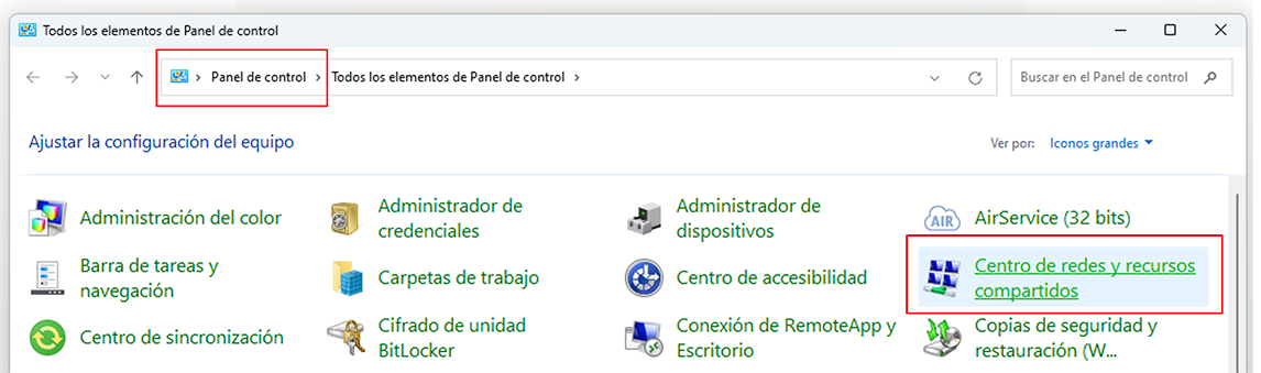 En Windows, ventana Panel de control, Centro de redes y recursos compartidos.