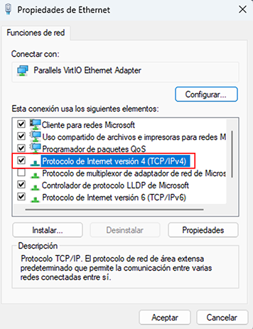 En Windows, ventana Propiedades de ethernet, Protocolo de Internet versión 4 (TCP/IPv4)