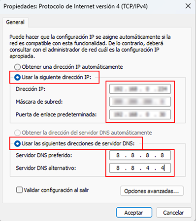 En Windows, ventana Propiedades: Protocolo de Internet versión 4 (TCP/IPv4)