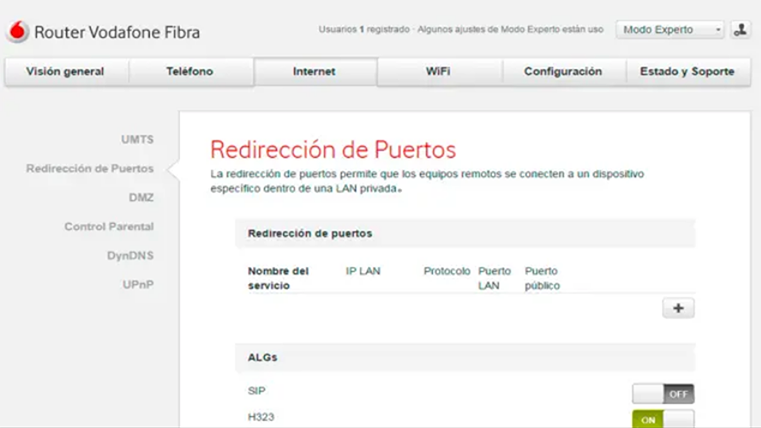 Ventana Router Vodafone Fibra.