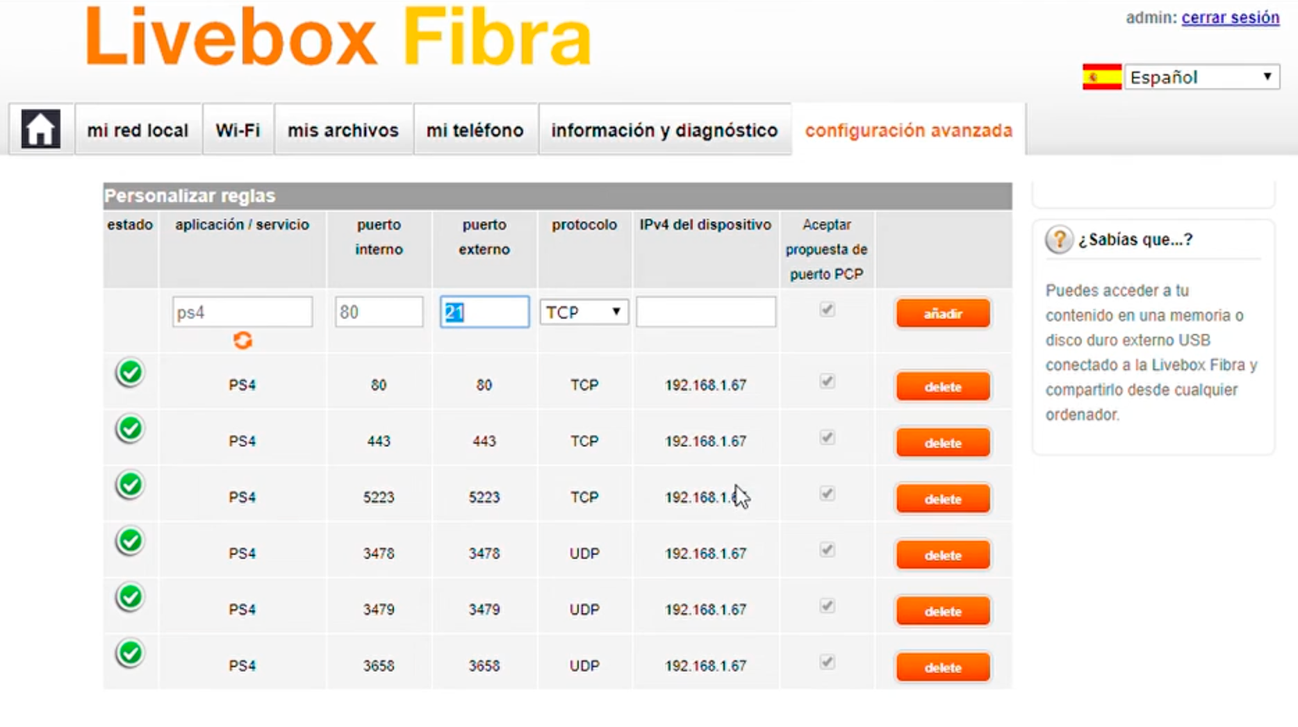 Ventana Router Livebox Fibra.