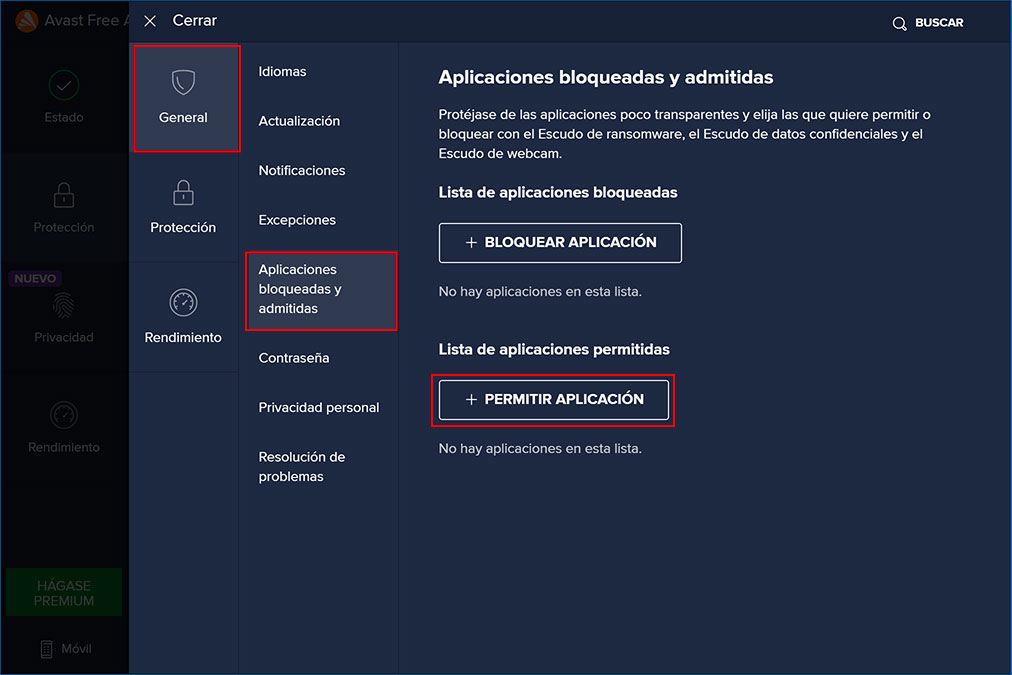 Permitir aplicación en el antivirus Avast.
