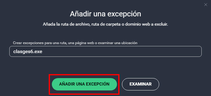 Añadir ClassicGes como excepción en el antivirus AVG.