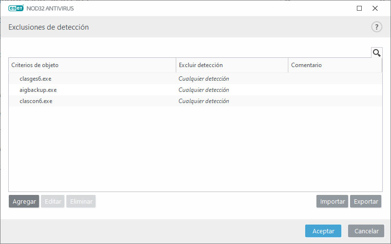 ClassicGes y ClassicConta como aplicaciones excluidas del antivirus NOD32.