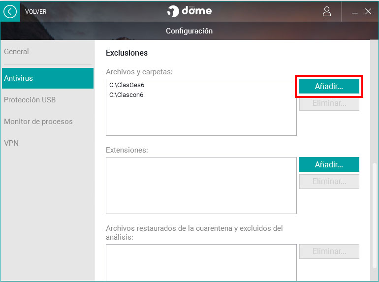 Añadir ClassicGes como archivo excluido del antivirus Panda Dome.