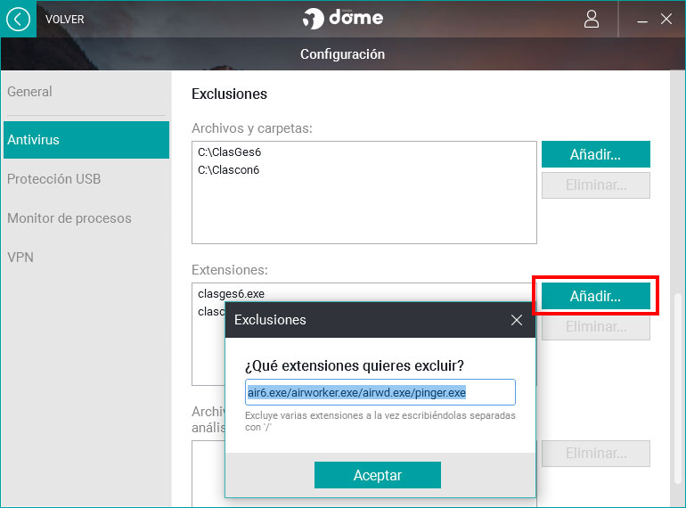 Añadir extensión de ClassicGes para excluir del Panda Dome.