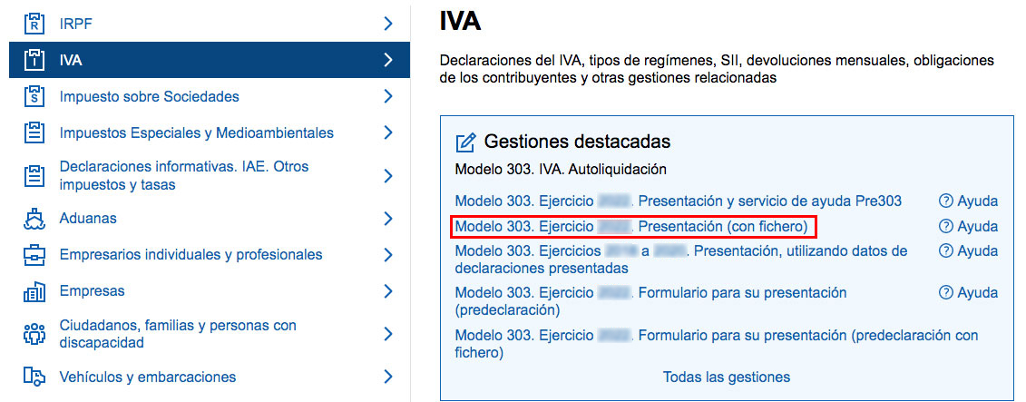 Selección del modelo para la presentación telemática del modelo 303 en la sede de la Agencia tributaria.