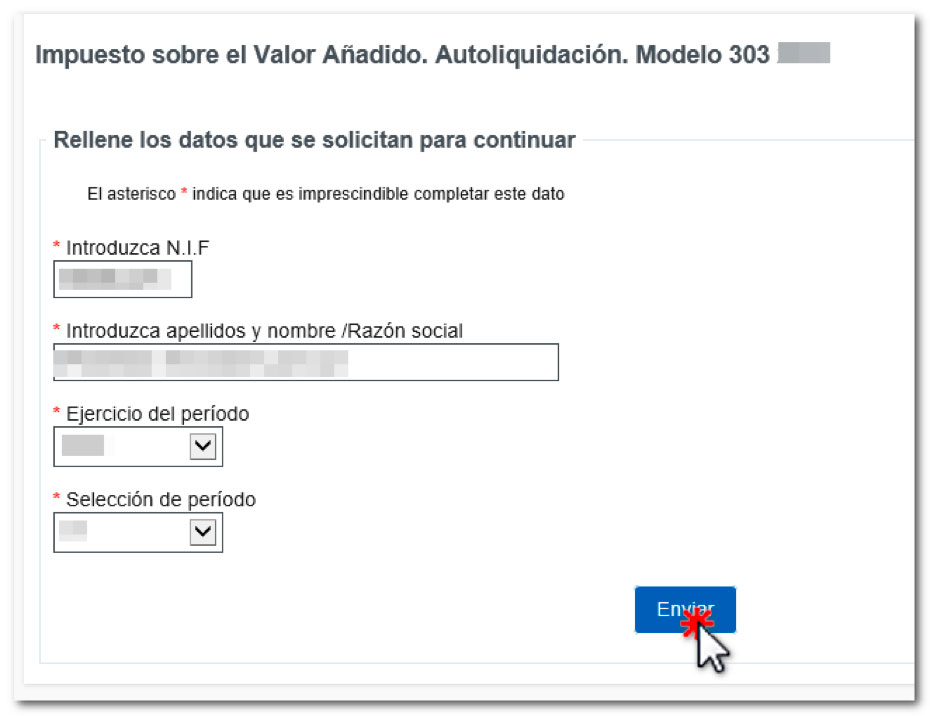 Introducción de datos para la presentación telemática del modelo 303 en la sede de la Agencia tributaria.