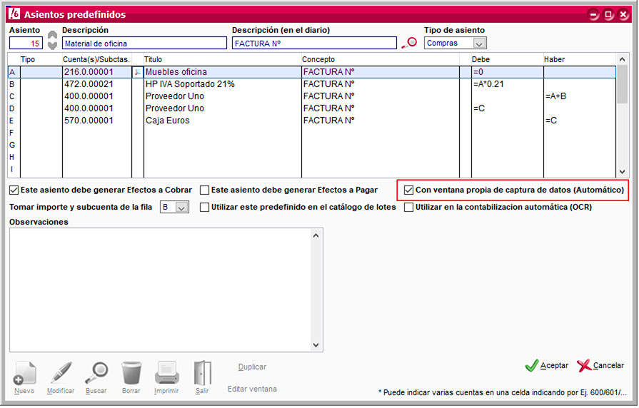 Activar la captura de datos desde un asiento predefinido en ClassicConta.