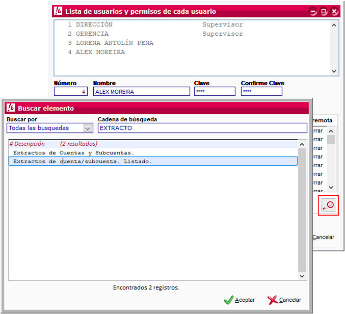 Buscador de elementos en el acceso a usuarios de ClassicConta.