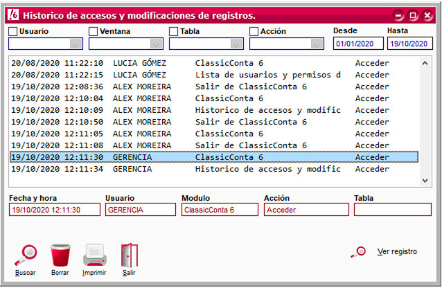 Histórico de accesos de ClassicConta.