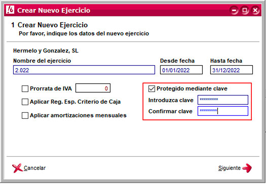 Proteger un ejercicio con clave en ClassicConta.