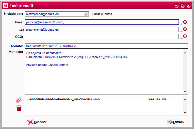 Enviar email con documento adjunto desde ClassicConta.