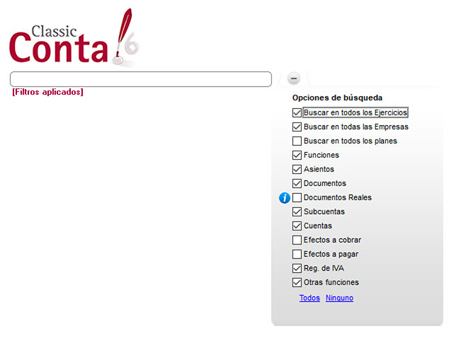 Configuración de opciones del buscador de ClassicConta.